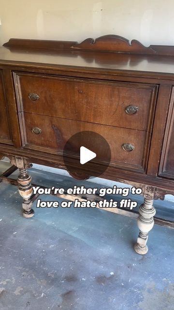 Courtney Krick | Furniture Flips & DIY on Instagram: "Comment “LIST” for products I used in this flip!”   Paint or Restore? What’s your preference? The nice thing is it can still be restored if my client ever wants it to be! Here are the steps I took to accomplish this look 👇🏼  - Scrape off existing finish - Sand with 120 then 220 to smooth out surface - Repair chipped veneer - Strip legs completely - Spray paint the body of the buffet - Touch up drawer edges by hand - Paint wash the legs - Seal the legs - Hydrate the drawers and inside of cabinets - Install new hardware  #furnitureflip #refurbish #buffet #jacobean #furnituredesign" Buffet Cabinet Makeover, Spray Paint Dresser, Inside Of Cabinets, Antique Buffet Makeover, Paint Dresser Diy, Dresser Flip, Dresser Flips, Spray Paint Furniture, Paint Wash