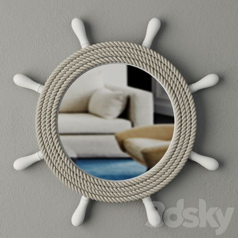 3d models: Mirror - Ship's Wheel Mirror Mirror Nursery, Nautical Mirror, Beach Room, Ship Wheel, Beach Theme Decor, Rope Crafts, Lake House Decor, Beach Crafts, Diy Mirror