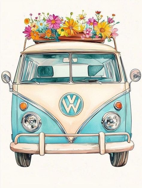 Vintage Volkswagen Bus Art Print with Colorful Flowers Canvas Wall Art for Home Decor, Digital Download Inspired by Watercolor Style by CustomCanvasCurators Check out this groovy vintage Volkswagen bus art print that's giving off major retro vibes! 🌼 The vibrant floral details add a whimsical touch, perfect for adding a pop of color and nostalgia to any space. Whether you're into vintage aesthetics or just love a bit of nature-inspired art, this piece is sure to spark joy and conversation. ... Vw Bus Illustration, Volkswagen Bus Art, Bus Illustration, Volkswagen Vintage, Vintage Volkswagen Bus, Bus Art, Flower Canvas Wall Art, Vintage Volkswagen, Vw Vintage