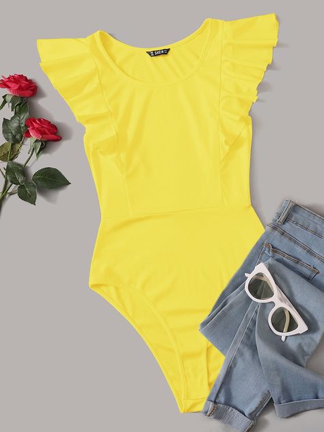 Yellow Casual  Cap Sleeve Polyester Plain Tee Embellished Slight Stretch Summer Women Jumpsuits & Bodysuits Yellow Bodysuit, Summer Bodysuits, Ruffle Fabric, Casual Cap, Black Hot Pink, Plain Tees, Butterfly Sleeves, Womens Bodysuit, Shein Style