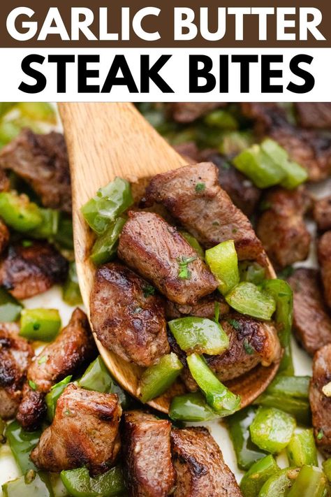 Garlic butter steak bites recipe final shot with title text. Butter Steak Bites Recipe, Lydia Bastianich, Garlic Butter Steak Bites, Butter Steak Bites, Salad Topping, Butter Bites, Steak Bites Recipe, Easy Beef Stew, Steak Tips