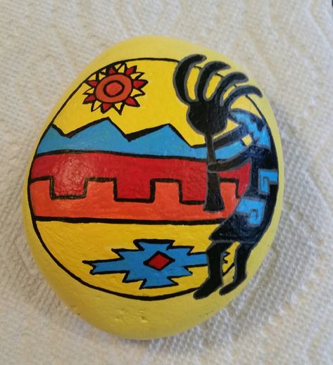 Painted by Penny Burns. Native American Rock Art, Native American Painted Rocks, Aztec Rock Painting, Native Rock Painting, Hopi Paintings, Woodstock Painted Rock, Painted Stepping Stones, Kokopelli Art, Native American Decor