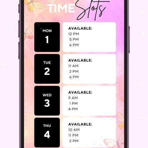 Acuity Scheduling Weekly Availability Weekly Calendar for your Instagram Story or post. 🦋 Saves Time 😎 Boosts Sales 🩷 Looks Cute! Available Weekly Booking Time Slots very easy to edit in Cavna. Social Media Post Template for hair stylists, lash tech, nails tech, and anyone else in the beauty industry who needs a cute calendar for their IG story!🩷 https://7cf5d5-65.myshopify.com/products/acuity-scheduling-weekly-availability-calendar-instagram-story-weekly-available-booking-time-slots-canv... Tech Nails, Nails Tech, Scheduling Template, Cute Calendar, Social Media Post Template, Wellness Industry, Lash Tech, Weekly Calendar, Hair Stylists