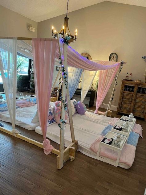 One Big Sleepover Tent, Canopy Sleepover, Sleepover Setup, Build A Bear Party, Play Doh Party, Indoor Canopy, Outdoor Movie Party, Sleepover Beds, Spa Day Party