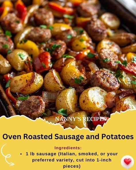 Oven Roasted Sausage and Potatoes Recipe Roasted Potatoes With Sausage, Italian Sausage And Potatoes In Oven, Oven Roasted Sausage And Potatoes, Sausage And Potatoes In Oven, Oven Roasted Sausage, California Spaghetti Salad Recipe, Canned Salmon Patties, Potatoes And Sausage, Roasted Sausage