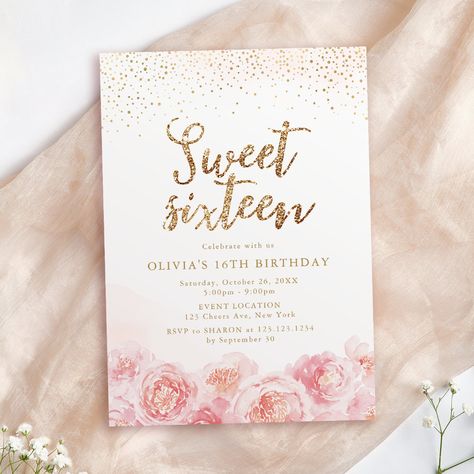 Elegant script gold & blush floral sweet sixteen invitation Botanical Garden Party, Tropical Beach Party, Flower Birthday Invitations, Summer Birthday Invitations, Sweet Sixteen Birthday Invitations, Sweet Sixteen Invitations, Sixteenth Birthday, Spring Birthday, Sweet 16 Birthday Party