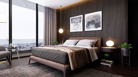 Poliform Bedroom on Behance Accent Wall Panels, Accent Wall Bedroom, Bedroom Panel, Bilik Tidur, غرفة ملابس, Wall Molding, Luxurious Bedrooms, Wall Panels, Interior Design Bedroom