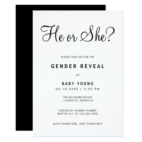 Modern Black and White Gender Reveal Party Invitation #genderrevealheor #Invitation Minimalist Gender Reveal Party, Black And White Gender Reveal Ideas, Black And White Gender Reveal, White Gender Reveal Party, White Gender Reveal, Gender Reveal Party Invitations, Fun Invitations, Black And White Baby, Black Invitation