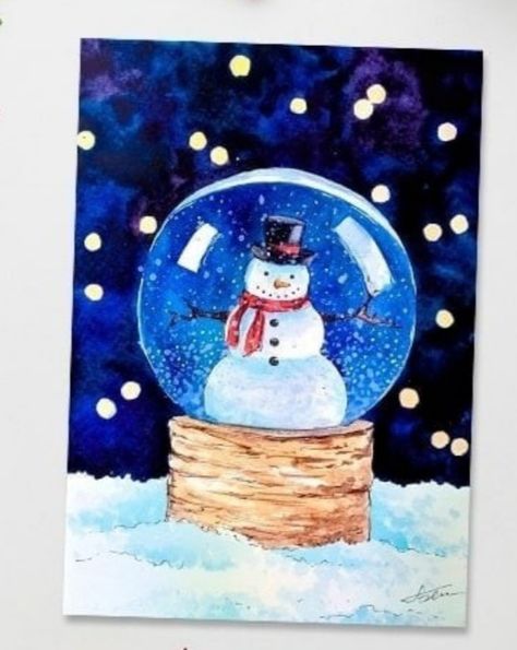 Snow Globe Art Lesson, Snowglobe Painting, Snowglobe Drawing, Christmas Art Drawing, Snow Globe Painting, Christmas Drawings For Kids, Watercolor Negative Painting, Easy Art For Kids, Winter Art Projects