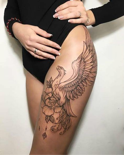 25 Gorgeous Phoenix Tattoo Designs You Must Love And Try | Women Fashion Lifestyle Blog Shinecoco.com Tato Phoenix, Protection Tattoo, Phönix Tattoo, Nouveau Tattoo, Flower Thigh Tattoos, Thigh Tattoo Designs, Phoenix Tattoo Design, Disney Tattoo, Geniale Tattoos