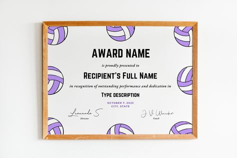 Volleyball Awards Certificates, Volleyball Certificate, Volleyball Awards, Purple Volleyball, Printable Sports, Award Names, Award Ideas, Awards Certificates Template, Medical Terminology