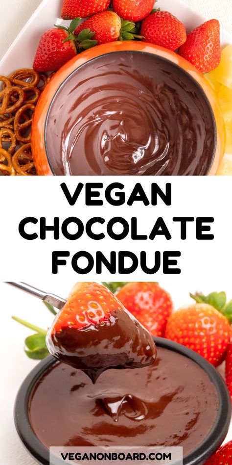 This thick vegan chocolate fondue is the ultimate decadent dessert! It's so easy to make and is perfect for parties or just a quick indulgent treat for yourself. It also makes a super romantic vegan Valentine's Day dessert. Vegan Fondue, Dessert To Feed A Crowd, Dairyfree Dessert, Chocolate Covered Banana Bites, Fondue Chocolate, Chocolate Fondue Recipe, Strawberry Oatmeal Bars, Healthy Dessert Ideas, Fondue Recipe