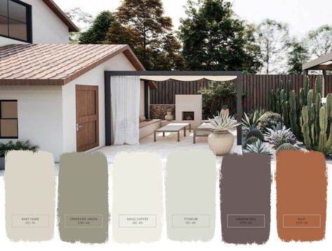 Exterior Paint Colors: Finding the Hue for Your Home | Yardzen Spanish Exterior Paint Colors For House, Exterior Paint Colors Ranch Style House, Exterior House Colors Creamy White, Ranch Home Colors Exterior Paint, Desert Bungalow Exterior, Best Exterior House Colors For 2023, Outdoor Color Palette Exterior Houses, Exterior House Colors Terracotta, Desert Home Exterior Colors