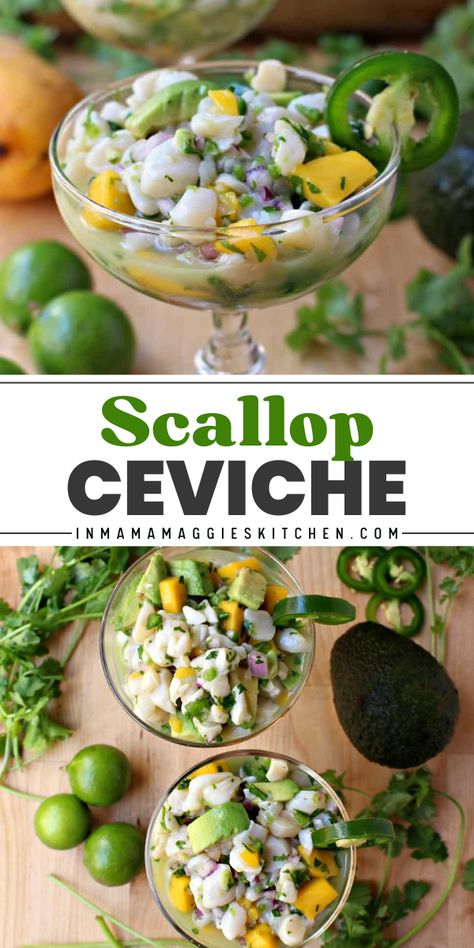 Delight everyone with this simple game day recipe! It's also one of the best holiday appetizers. Light and full of Mexican flavor, this Scallop Ceviche is seafood heaven in every bite! Put this on your New Year's Eve food ideas, too! Cevechi Recipe, Ceviche Salad, Ceviche Recipes, Fish Ceviche, Seafood Ceviche, Warm Weather Recipes, Mexican Flavors, Recipes Fish, Ceviche Recipe