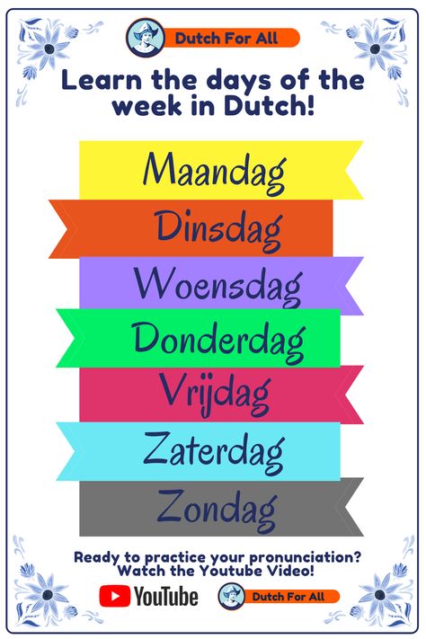 Learn the days of the week in Dutch! Ready to learn more Dutch verbs and vocabulary? Studying Dutch can be challenging at times, especially for beginners. Dutch For All is created to help people like you learning Dutch. Through short videos on YouTube, Pins on Pinterest and a word a day on Instagram, you will get to learn the Dutch basics in no-time! Best of all? It is made by volunteers and completely free! You can support us by interacting with us on our platforms! Dutch Learning Notes, Dutch For Beginners, Dutch Verbs, Learning Dutch Language, Dutch Language Learning, Learn Dutch Netherlands, Dutch Vocabulary, Dutch Learning, Dutch Pronunciation