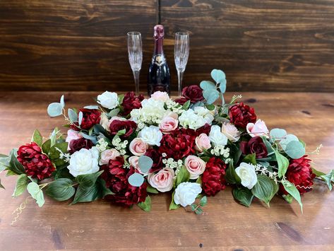 Blush Sweetheart Table, Boho Sweetheart Table, Burgundy Peony, Sweetheart Table Flowers, Burgundy Wedding Centerpieces, Table Floral Arrangements, Burgundy And Blush Wedding, Table Garland, Wedding Flower Packages