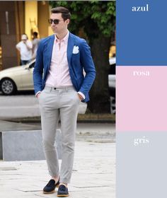 Azul   rosa   gris | 17 Combinaciones de color que todo hombre puede usar White Jeans Men, White Jeans Outfit, Casual Blazer, Gentleman Style, Formal Outfit, Suit Fashion, Pink Shirt, Pink Gray, Blue Jacket