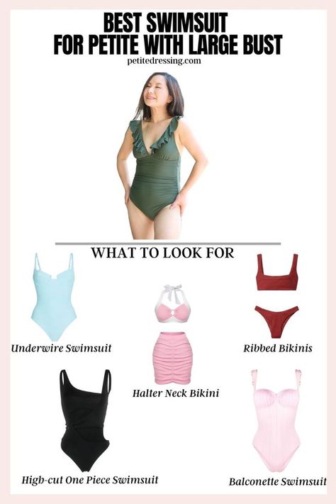 The Swimsuit guide for Petites with a Large Bust Large Bust Swimsuit, Pin Up Swimsuit, Underwire Swimsuit, Summer Style Guide, Fashion Forecasting, Best Swimsuits, Trendy Denim, Short Women, Runway Trends