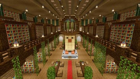 Modern Library Minecraft, Overgrown Library Minecraft, Minecraft Library Ideas Interior, Big Library Minecraft, Minecraft Grand Library, Library Minecraft Ideas Outside, Minecraft Atrium, Minecraft Building Ideas Library, Ceiling Design Minecraft