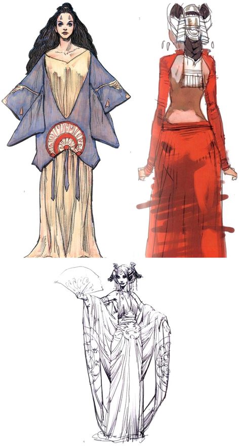 Padme Amidala Illustration, Star Wars Costume Concept Art, Star Wars Prequels Concept Art, Sci Fi Dress Concept Art, Starwars Characters Concept Art, Padme Amidala Concept Art, Star Wars Aliens Concept Art, Cloak Designs Art, Alien Clothing Concept Art