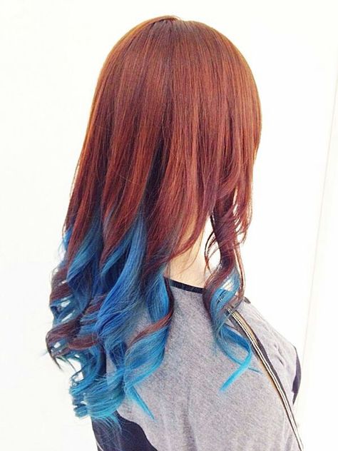 Reddish brown base with blue highlights. Copper Hair With Blue Highlights, Blue Highlights In Red Hair, Auburn Hair With Blue Highlights, Red Hair Blue Highlights, Ginger Hair With Blue Highlights, Red Hair With Blue Tips, Blue To Red Hair, Copper And Blue Hair, Ginger And Blue Hair