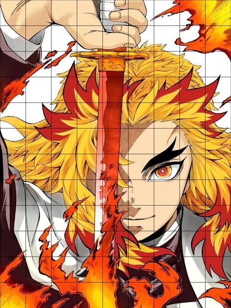 Rengoku Drawing Sketch, Anime Grid Drawing, Rengoku Painting, Demon Slayer Drawing Ideas, Demon Slayer Reference, Mini Demon Slayer, Grid Drawing Ideas, Demon Slayer Painting, Rengoku Drawing