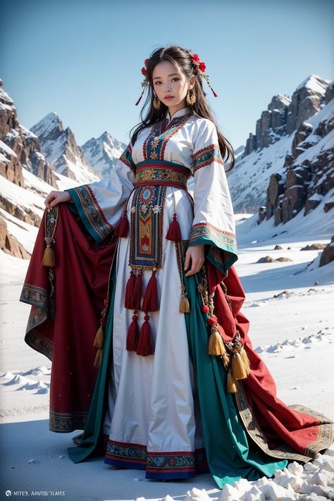 Mongolian Winter Clothing, Fantasy Traditional Clothing, Mongolian Woman, Caucasian Clothes, Tibetan Clothing, Orientation Outfit, Mongolian Clothing, Hmong Fashion, Fairytale Fashion