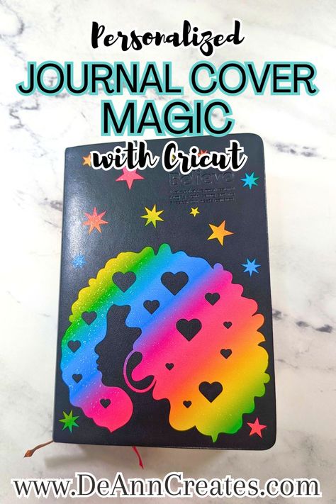 This image shows a journal cover with rainbow-striped Cricut Vinyl in the shape of a woman with a curly afro and hoop earrings. The journal cover is also decorated with stars and laid on a white marble surface with gray veining. Custom Journal Cover, Personalized Journal Cover, Cricut Banner, Vinyl Craft Projects, Fresh Aesthetic, Planner And Journal, Felt Craft Projects, Craft Projects For Adults, Halloween Craft Projects