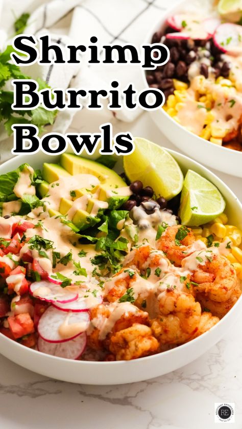 Fresh, tasty, and easy to customize Shrimp Burrito Bowls are fusion fare with plenty of flavor for everyone! Shrimp Recipes For Dinner Mexican, Spicy Shrimp Burrito Bowl, Shrimp Burrito Bowl, Pomegranate Desserts, Pear Sauce Recipe, Fish Burrito, Chicken Bowls Healthy, Shrimp Burrito, Shrimp Bowls