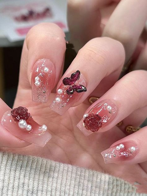 Red Nails With Butterfly Design, Korean Gel X Nail Designs, Douyin Butterfly Nails, Xiaohongshu Nails Red, Chinese Nail Art Douyin, Red Pink Nail Art, Red Nails Douyin, Nails Inspo Butterfly, Chinese Red Nails