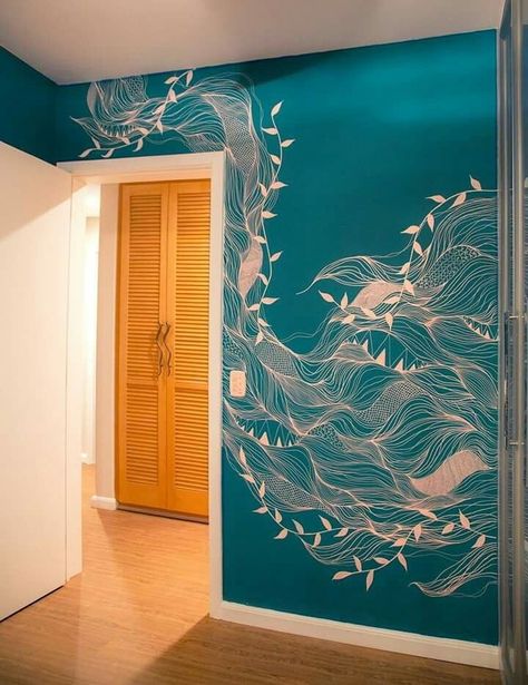 Wallpaper On Wall, Ideas Cuadros, Ocean Themed Bedroom, Rental Home Decor, Beach Themed Bedroom, Arizona House, Surf Decor, Wall Drawing, Crazy Colour