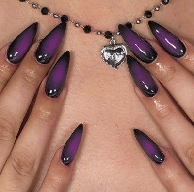 Dark Purple And Black French Tip Nails, Purple Black French Tip Nails, Raven Teen Titans Go Inspired Nails, Dark Purple Nails Halloween, Purple And Black Almond Nails, Purple Bottom Nails, Black And Purple Aura Nails, Dark Purple Butterfly Nails, Black And Pink Aura Nails