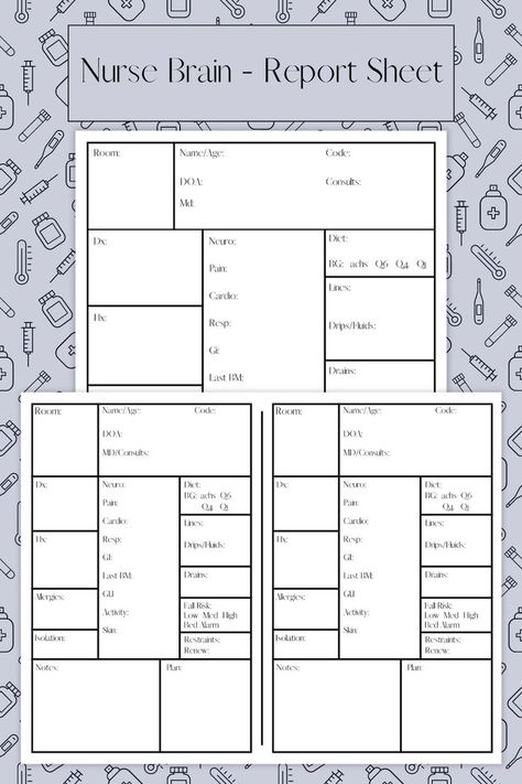 Simplify your shift change reports with this report sheet! This report sheet makes it quick and easy to write all of the patient information down that you might need! With an extra open space at the bottom, you have room to write down labs, imaging results, and other important information that you might want to jot down for later! With the open space and steady flow of the report sheet, it makes it a good option for new nurses and nursing students who want an easy and organized report sheet! Nurse Brain, Nurse Report Sheet, Fall Risk, Allergies, Cardio, Nursing, Brain, Coding