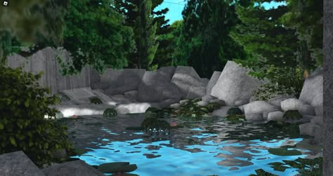 Bloxburg Dark Mansion, Bloxburg Lake Ideas, Mountains Bloxburg, Landscape Ideas Bloxburg, Pond Bloxburg, Bloxburg Pond Ideas, Bloxburg River, Mountain Bloxburg House, Bloxburg Waterfall