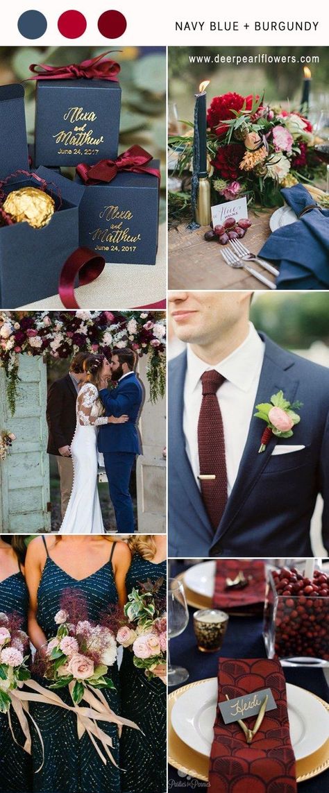 Burgundy Wedding Colors, Wedding Color Palettes, Romantic Theme Wedding, Red Wedding Theme, Romantic Wedding Receptions, Wedding Color Combos, Fall Wedding Centerpieces, Wedding Colors Blue, Navy Blue Wedding