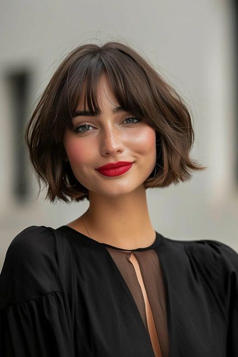 Dark French Bob With Bangs, Concave Bob With Bangs, Short Brunette Hair With Fringe, Bob With Mini Fringe, Short Hair Straight With Bangs, Brunette French Bob With Bangs, Bangs With Low Bun, Bob With Blonde Underneath, Flapper Bob Haircut