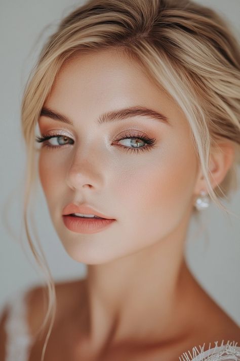 Winter Wedding Eye Makeup, Beautiful Natural Makeup Looks, Natural Glowy Makeup Blue Eyes, Airbrush Bridal Makeup Natural, Blair Waldorf Wedding Makeup, Jschlatt Wedding, Simple Wedding Makeup Fair Skin, Natural Golden Makeup Look, Pale Girl Wedding Makeup