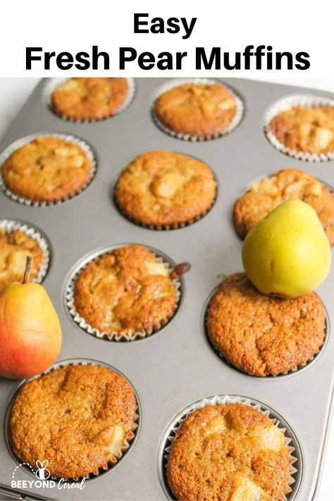 A simple and easy homemade pear muffin recipe. With spices like ginger and cinnamon in every bite these fresh pear muffins are to-die for! They're such a fabulous way to use up those fresh pears in this healthy breakfast or snack recipe. Pear And Ginger Muffins, Pear Cupcakes Recipes, Simple Pear Recipes, Pear Muffins Recipes Easy, Pear Muffins Healthy, Pear Muffin, Popover Recipes, Pear Muffins Recipes, Veggie Bread