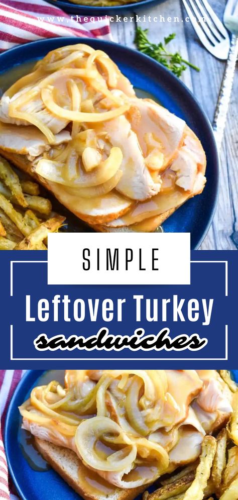 Diner style hot turkey sandwiches are a classic open faced turkey sandwich perfect for using up your holiday leftovers. Thick slices of turkey sit on farmhouse style white bread and are smothered in sauteed onions and gravy for a sandwich worthy of any blue plate special! View the entire recipe on thequickerkitchen.com Open Faced Turkey Sandwich, Open Face Turkey Sandwich, Cheesy Turkey, Blue Plate Special, Hot Turkey Sandwiches, Sauteed Onions, Holiday Leftovers, Turkey Sandwich, Deli Turkey