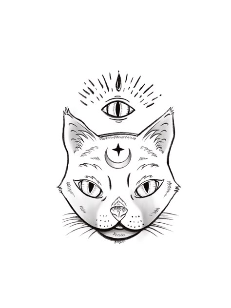 3rd Eye Cat Tattoo, Cat With Third Eye Tattoo, 3 Eyed Cat Drawing, Three Eyed Cat Tattoo, Witchy Cat Tattoo, 17 Tattoo, Cap Tattoo, Third Eye Tattoos, Wonderland Tattoo