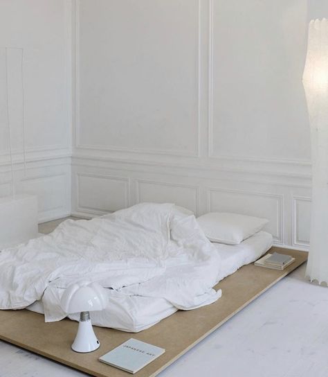 Low Platform Bed Rooms, Room Inspo Low Bed, Minimal Low Bed Frame, Low To The Ground Bed Frame White, Japanese Platform Bed Low, Minimalist Bed, Minimalist Room, Types Of Beds, Apartment Decor Inspiration