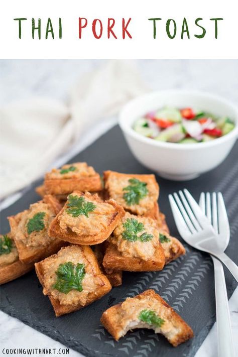 Thai pork toast or khanom pang na moo. A satisfying and filling appetizer or snack. Also great as protein packed football finger party food. Served with cucumber relish.   #thai #thaifood #thaisnack #thaiporktoast #toast #toasttuesday #ขนมปังหน้าหมู #partyfood #fingerfood #footballfood #gamefood #fillingsnack #guiltypleasure #satisfyingsnack #cucumberrelish Finger Party Food, Cucumber Relish, Thai Appetizer, Thai Pork, Thai Coffee, Thai Snacks, Asian Dinner, Filling Snacks, Thai Street Food