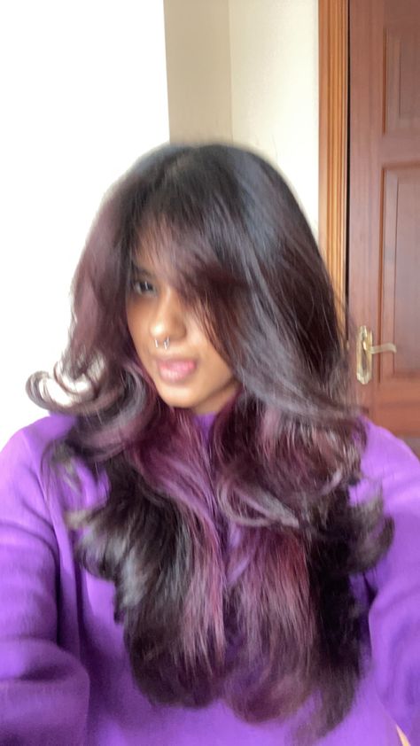 Purple Hair Tan Skin, Asian Hair Brown, Purple Hair Brown Skin, South Asian Hair, Purple Tinted Hair, Butterfly Layer Haircut, Hairstyle Butterfly, Hairstyle References, Hairstyle Asian