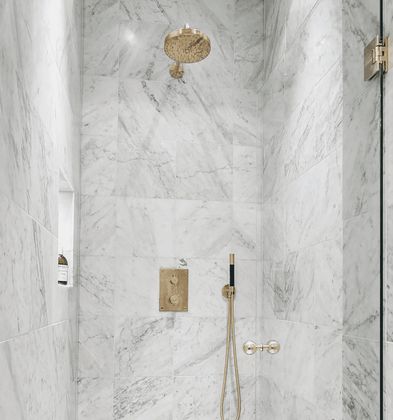 Carrara (Carrera) Bianco Honed 12x12 Marble Carrera Bathroom, Bathroom Italian, Carrara Marble Bathroom, Carrara Tiles, Waterfall Island, Gold Shower, Marble Bath, Marble Tile Floor, Luxury Shower