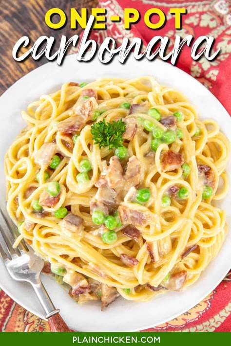 Traditional Carbonara Recipe, Soup Chicken Broth, Homemade Dressing Recipe, One Pot Spaghetti, Chicken Carbonara, Pasta With Peas, Soup Chicken, Carbonara Recipe, Plain Chicken