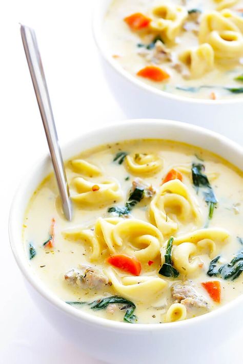 Creamy Tortellini Soup with Italian Sausage - Gimme Some Oven Tortellini Soup With Italian Sausage, Soup With Italian Sausage, Creamy Tortellini, Creamy Tortellini Soup, Creamy Soup Recipes, Sausage Tortellini, Italian Sausage Soup, Ground Italian Sausage, Gimme Some Oven