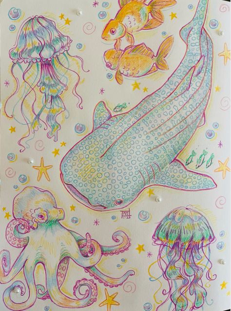 Cool Summer Drawings, Watercolor Art Detailed, Funky Sketch Ideas, Beach Colored Pencil Drawing, Colorful Art Sketches, Colored Pen Drawing, Cute Pastel Drawings, Cute Sketch Book Ideas, Cute Sketchbook Pages