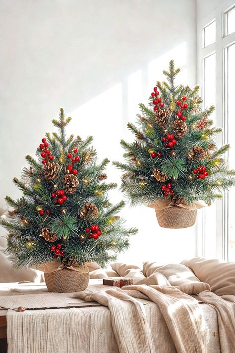 2 Pack 22 Inch Table top Christmas Tree with 60 LED Lights Timer, Realistic-Feel PE Artificial Small Christmas Trees Warm White Lights Pine Cones Red Berried, Xmas Mini Tree for Indoor Home Holiday Warm White Lights, Mini Tree, Small Christmas Trees, White Lights, Artificial Plants, Pine Cones, Christmas Trees, Warm White, White Light