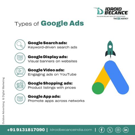 🚀 Discover the Power of Google Ads with Idroid Becance! 🚀 Unlock the full potential of your online advertising with Google Ads. At Idroid Becance, we specialize in creating and managing various types of Google Ads to help your business reach its target audience and achieve outstanding results. 📈✨ Here are the types of Google Ads we offer: Search Ads: Appear at the top of search results to capture high-intent customers actively searching for your products or services. Display Ads: Reach a w... App Ads, Google Search Ads, Shopping Ads, Search Ads, Youtube Ads, Display Ads, Google Adwords, Outdoor Advertising, Online Advertising