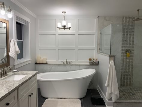 Accent Wall Behind Soaking Tub, Accent Wall Behind Freestanding Tub, Freestanding Bathtub Accent Wall, Free Standing Tub Accent Wall, Board And Batten Master Bath, Accent Wall Behind Tub, Bathtub Accent Wall, Master Bath Refresh, Standalone Tub